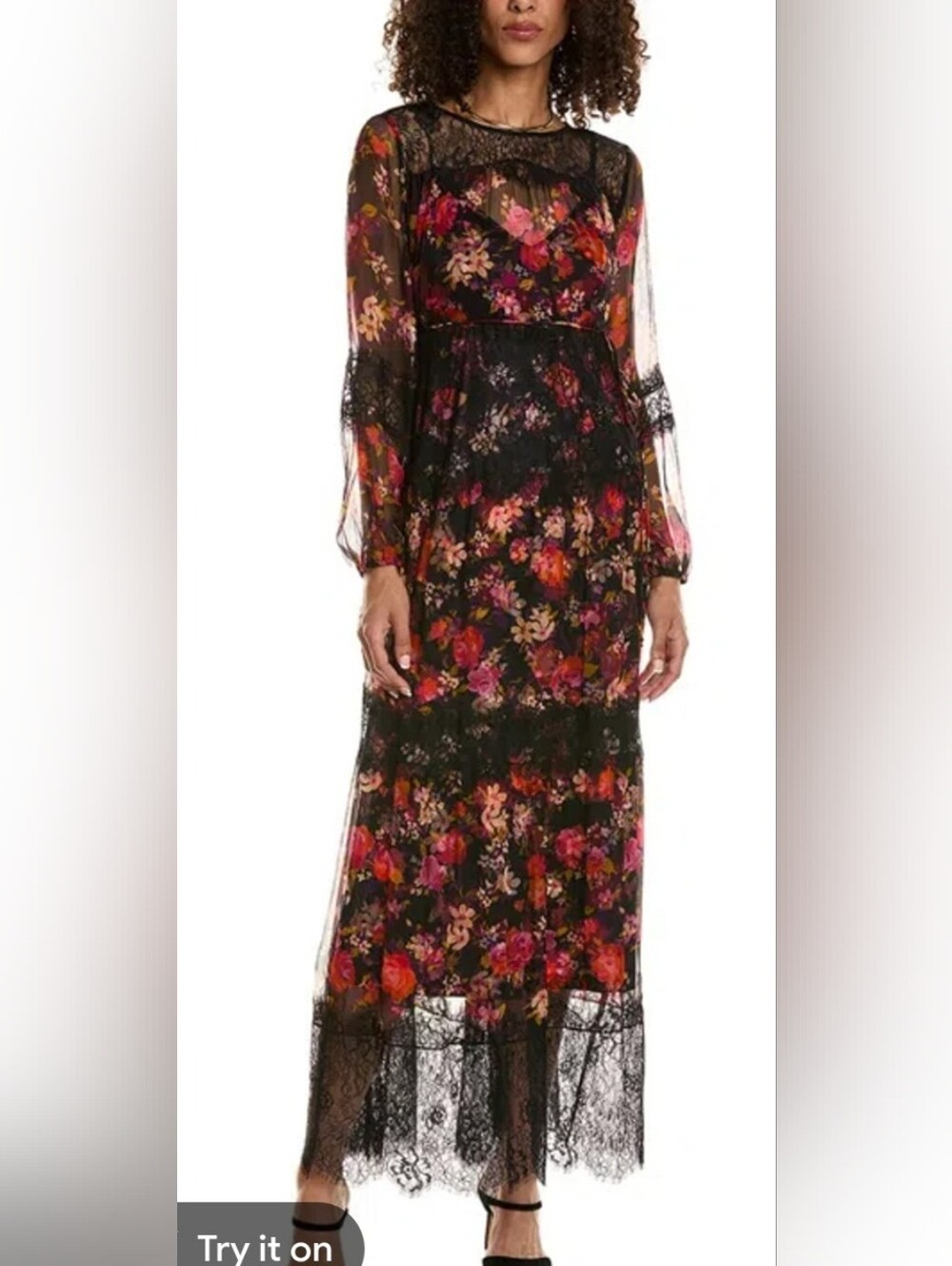 Johnny Was Black Sheer Floral Lace-Trim Maxi Dress Floral Slip Medium PTP 21